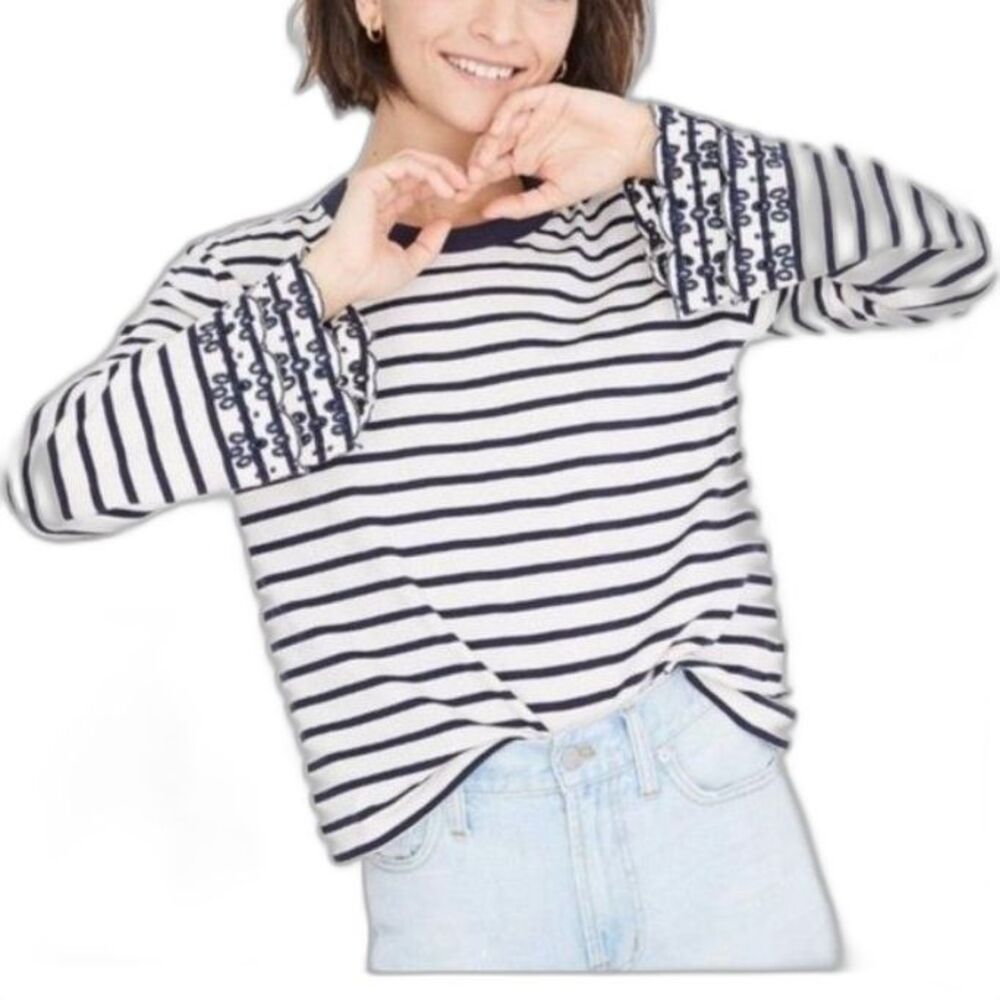 Madewell Women's White Navy Striped Embroidered LS Crewneck T-Shirt Size L